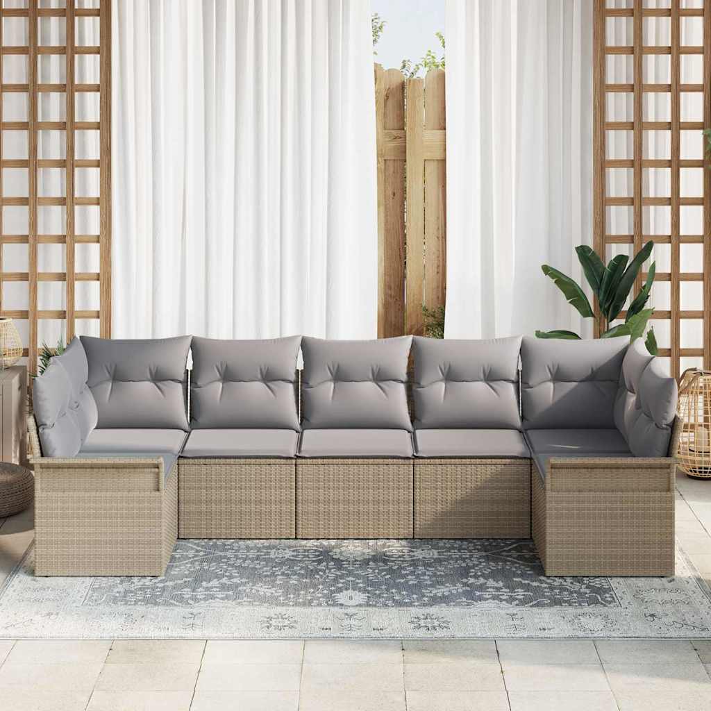 Garten-Sofa-Set mit Kissen 7 pcs Beige Poly Rattan