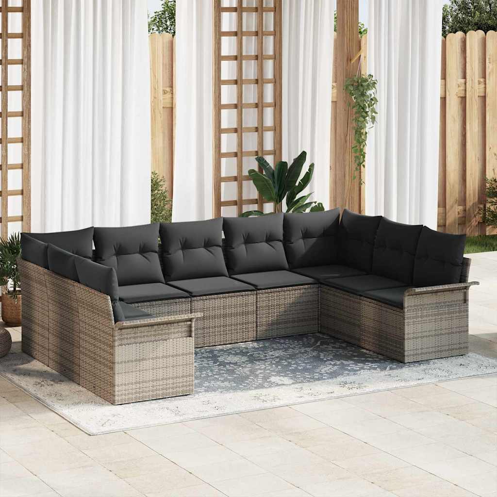 Garten-Sofa-Set mit Kissen 9 pcs Grau Poly Rattan