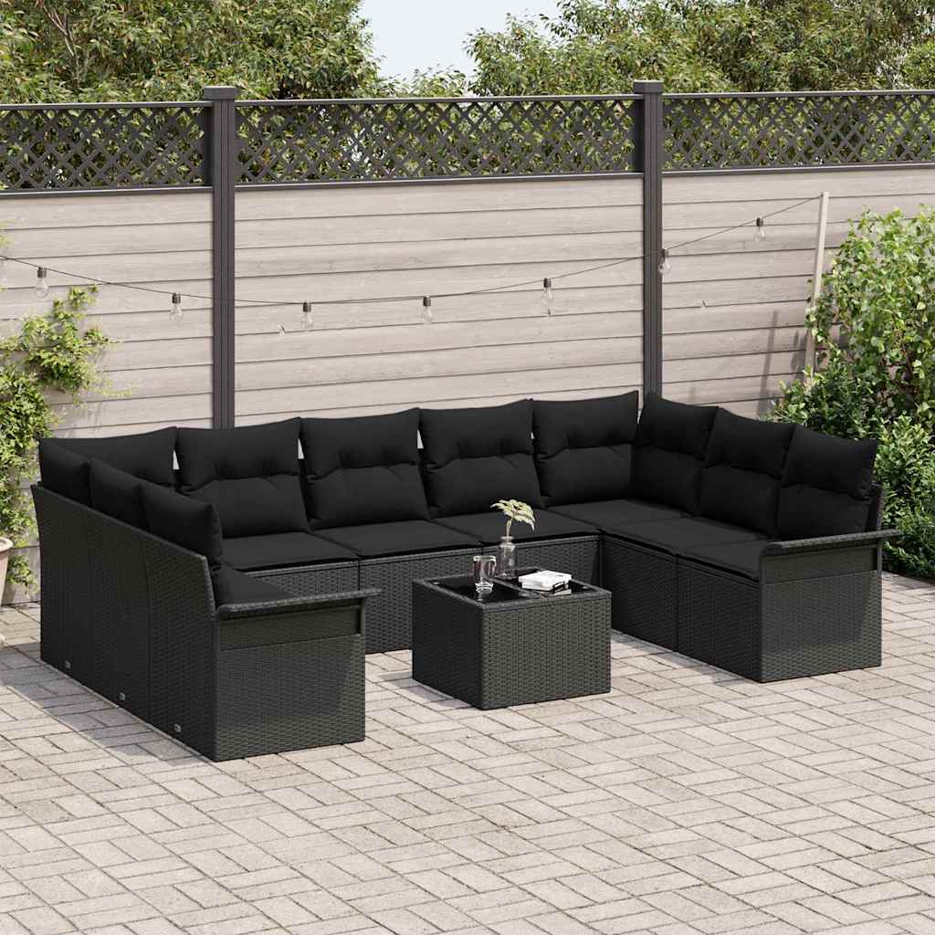 Garten-Sofa-Set mit Kissen 10 pcs Schwarz Poly Rattan