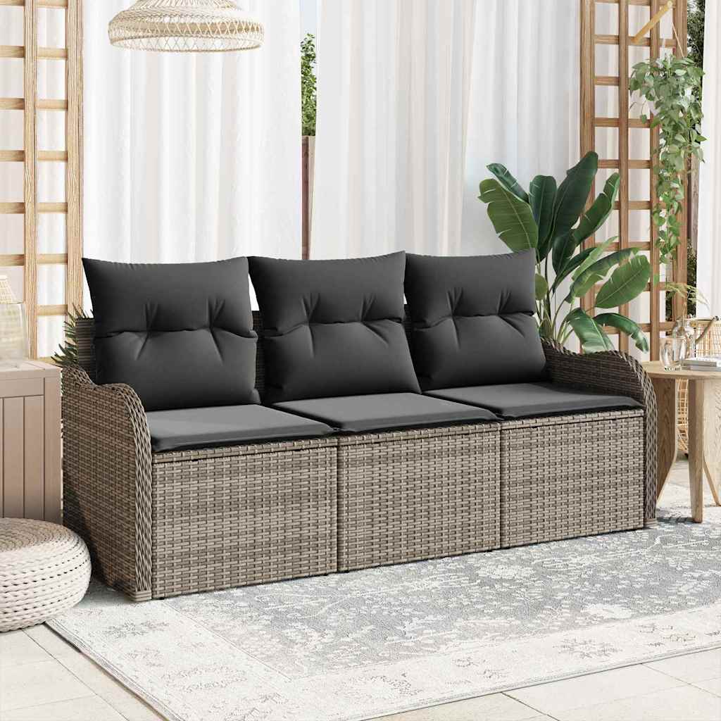Garten-Sofa-Set mit Kissen 3 pcs Grau Poly Rattan
