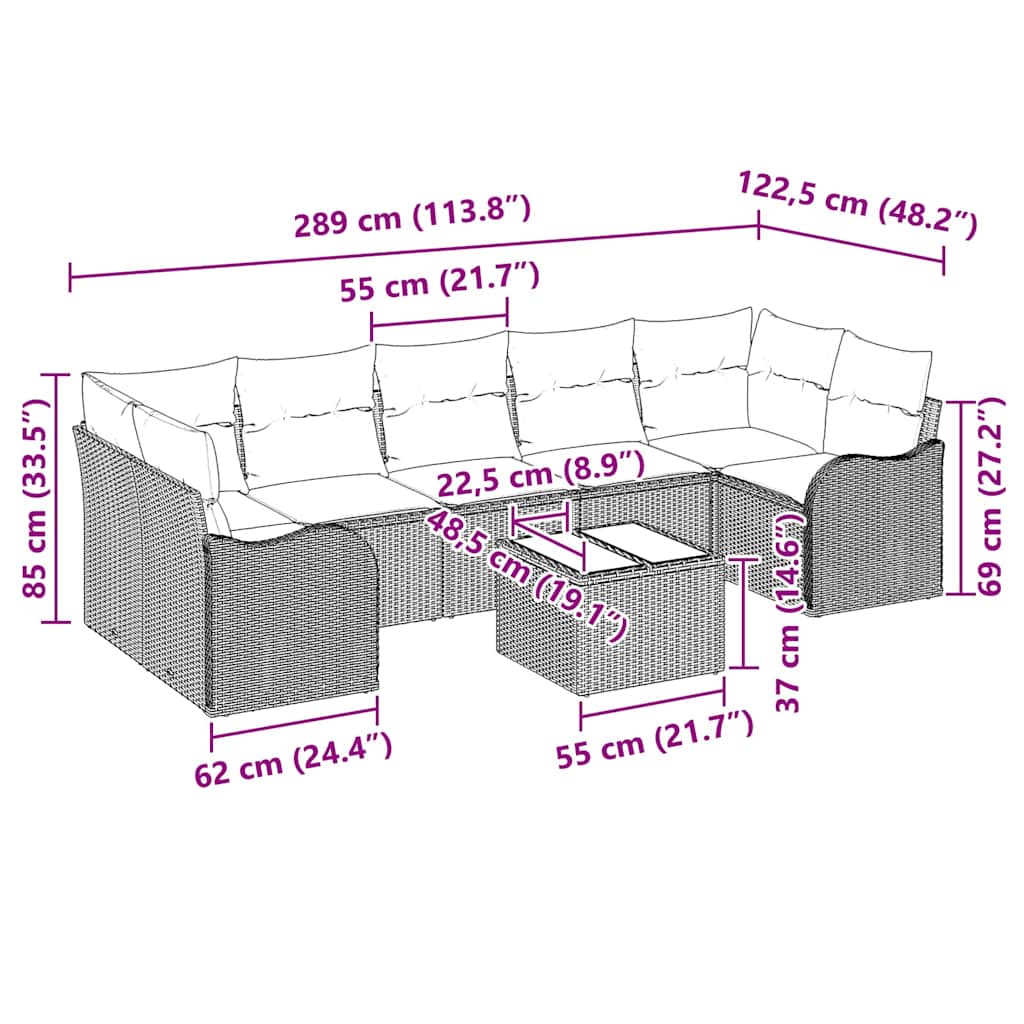 Garten-Sofa-Set 8 pcs Hellgrau 55 x 55 x 37 cm Poly Rattan