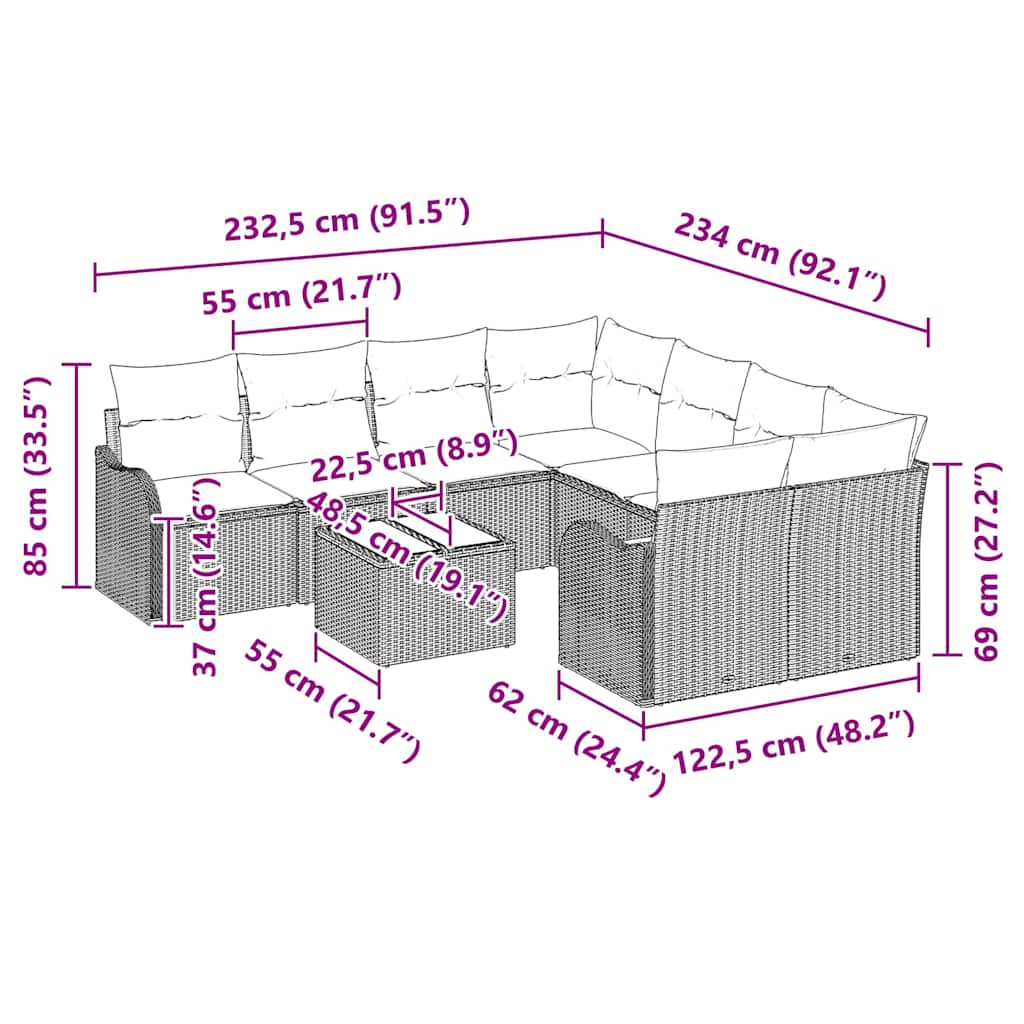 Garten-Sofa-Set 9 pcs Braun 55 x 55 x 37 cm Poly Rattan