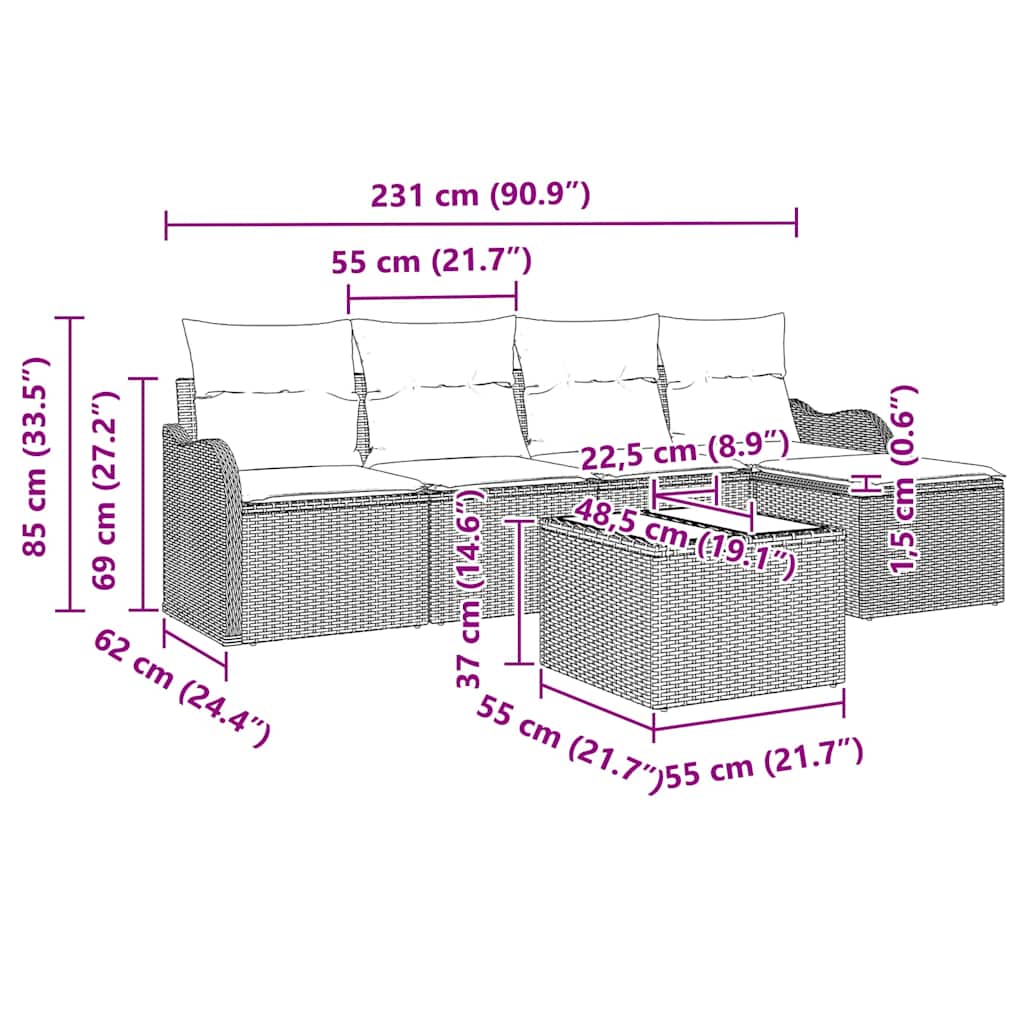 Garten-Sofa-Set mit Kissen 6 pcs Hellgrau Poly Rattan