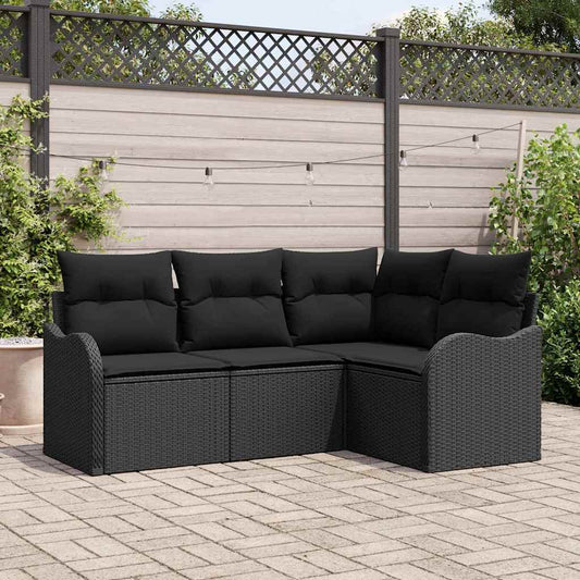 Garten-Sofa-Set mit Kissen 4 pcs Schwarz Poly Rattan