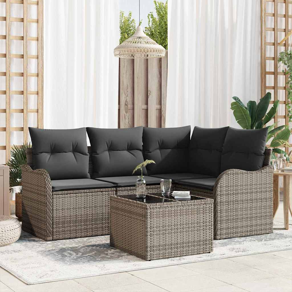 Garten-Sofa-Set mit Kissen 5 pcs Grau Poly Rattan
