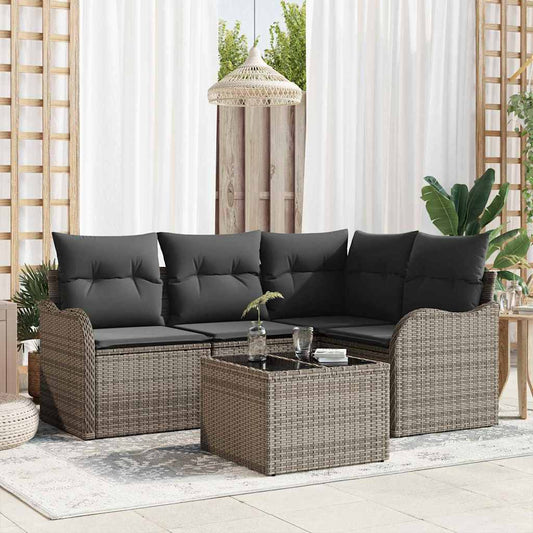 Garten-Sofa-Set mit Kissen 5 pcs Grau Poly Rattan