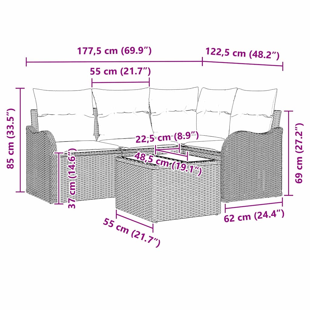 Garten-Sofa-Set mit Kissen 5 pcs Grau Poly Rattan