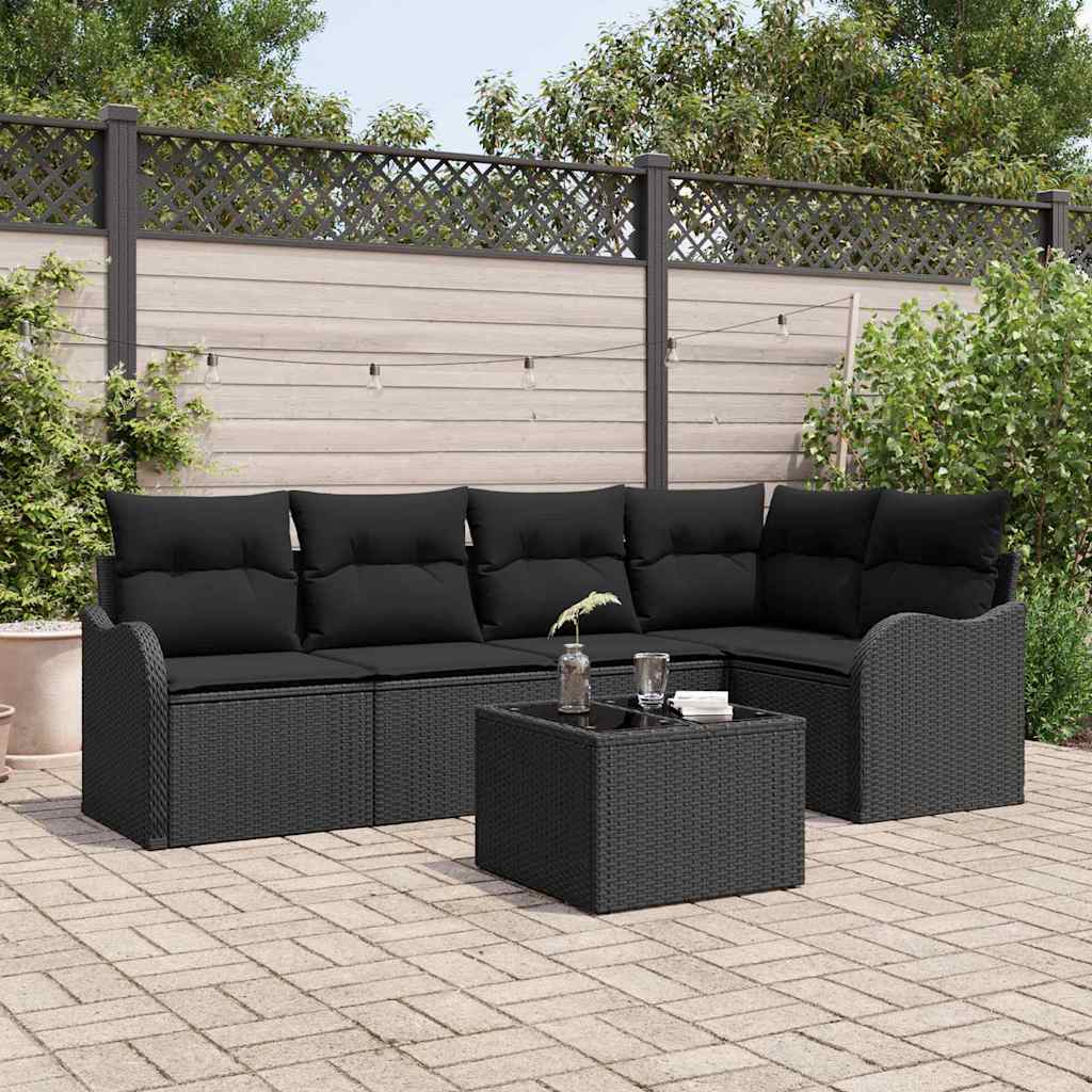 Garten-Sofa-Set mit Kissen 6 pcs Schwarz Poly Rattan