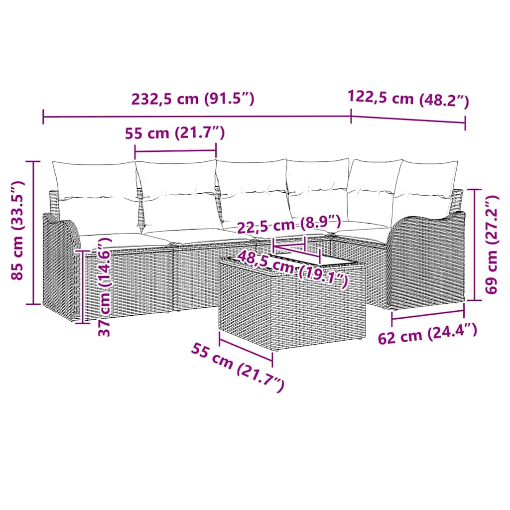 Garten-Sofa-Set mit Kissen 6 pcs Schwarz Poly Rattan