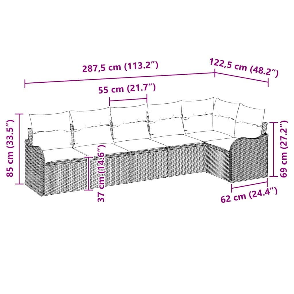 Garten-Sofa-Set mit Kissen 6 pcs Hellgrau Poly Rattan