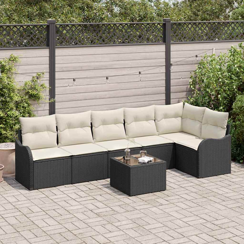 Garten-Sofa-Set mit Kissen 7 pcs Schwarz Poly Rattan