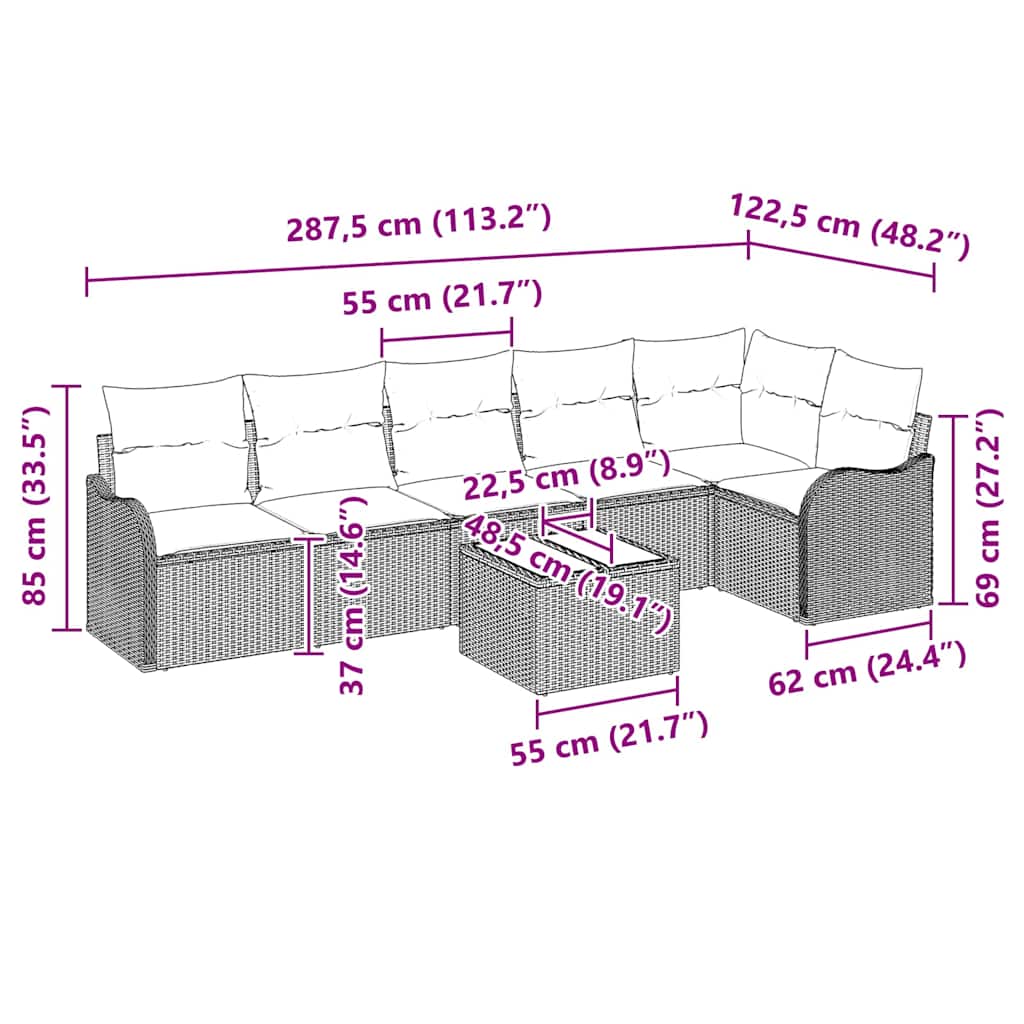 Garten-Sofa-Set mit Kissen 7 pcs Grau Poly Rattan