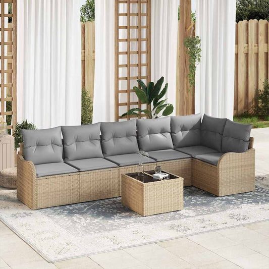 Garten-Sofa-Set mit Kissen 7 pcs Beige Poly Rattan