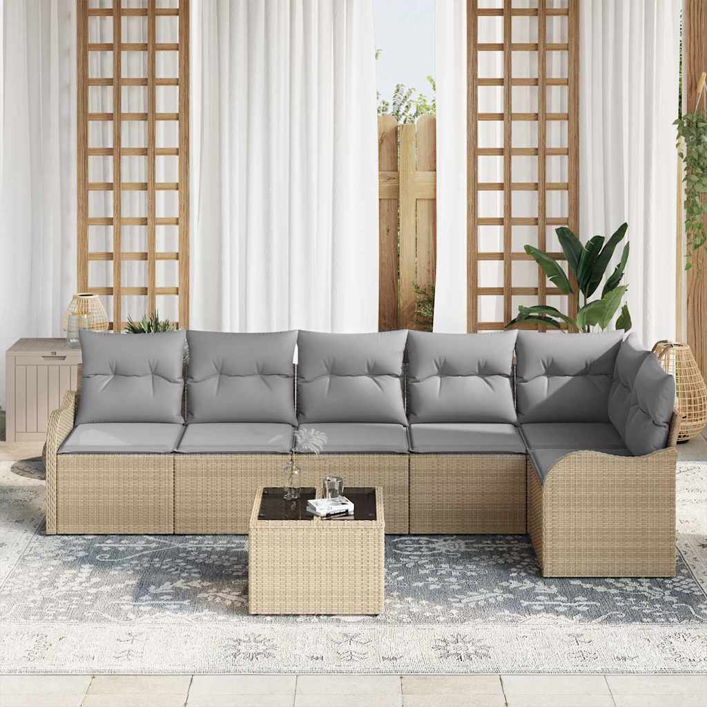 Garten-Sofa-Set mit Kissen 7 pcs Beige Poly Rattan