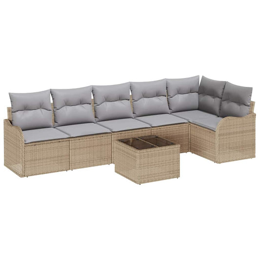 Garten-Sofa-Set mit Kissen 7 pcs Beige Poly Rattan