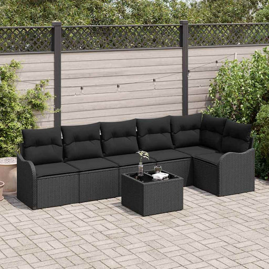 Garten-Sofa-Set mit Kissen 7 pcs Schwarz Poly Rattan