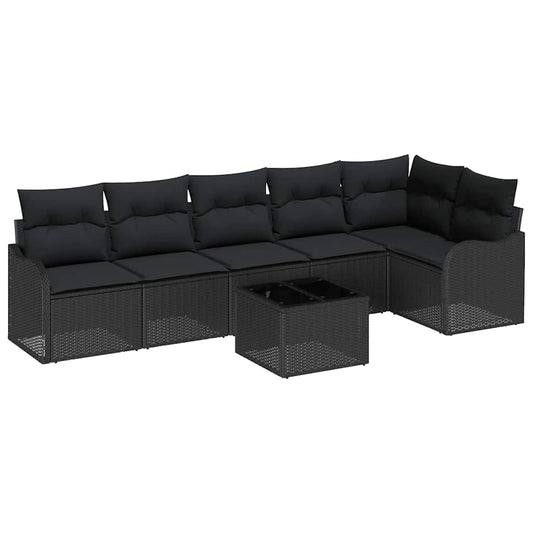 Garten-Sofa-Set mit Kissen 7 pcs Schwarz Poly Rattan