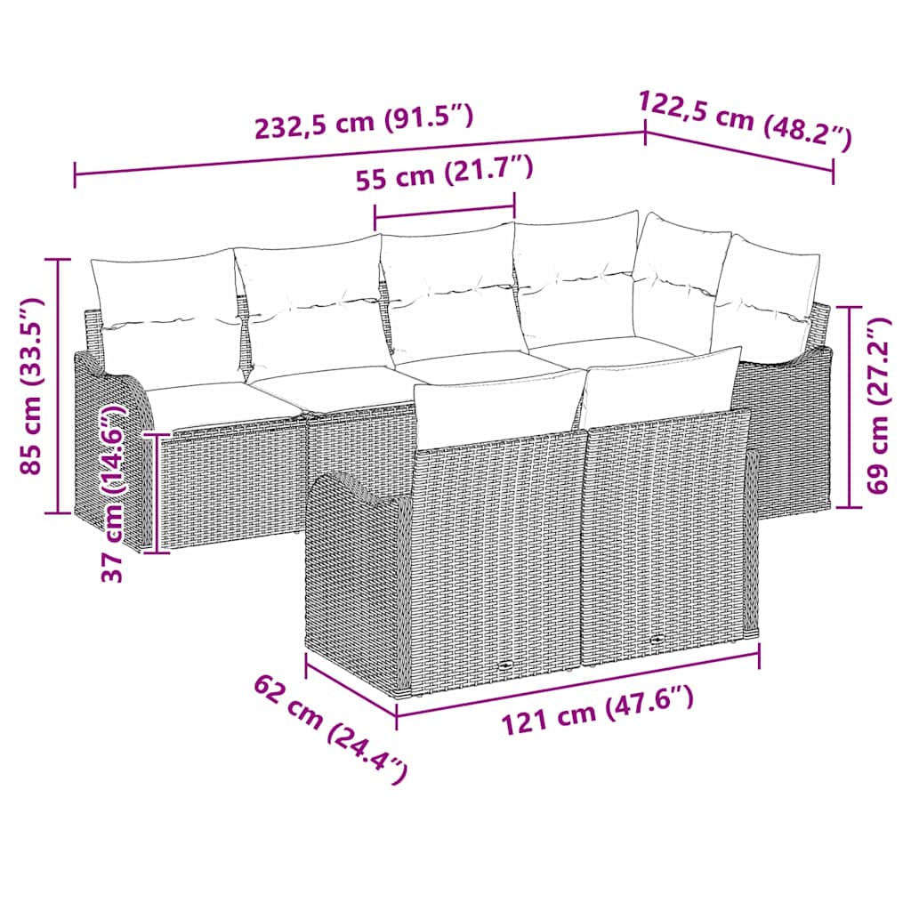 Garten-Sofa-Set mit Kissen 7 pcs Braun Poly Rattan