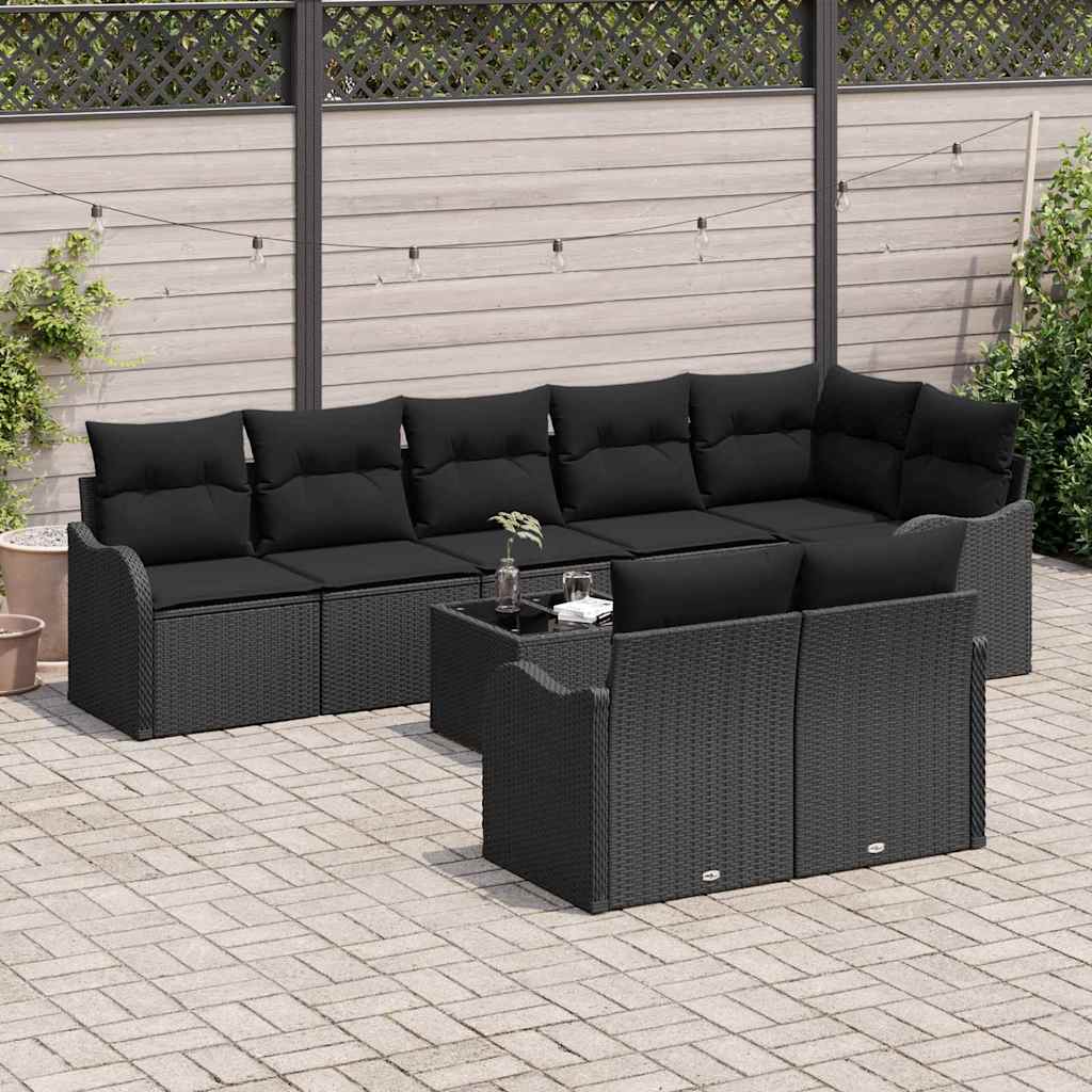 Garten-Sofa-Set mit Kissen 9 pcs Schwarz Poly Rattan