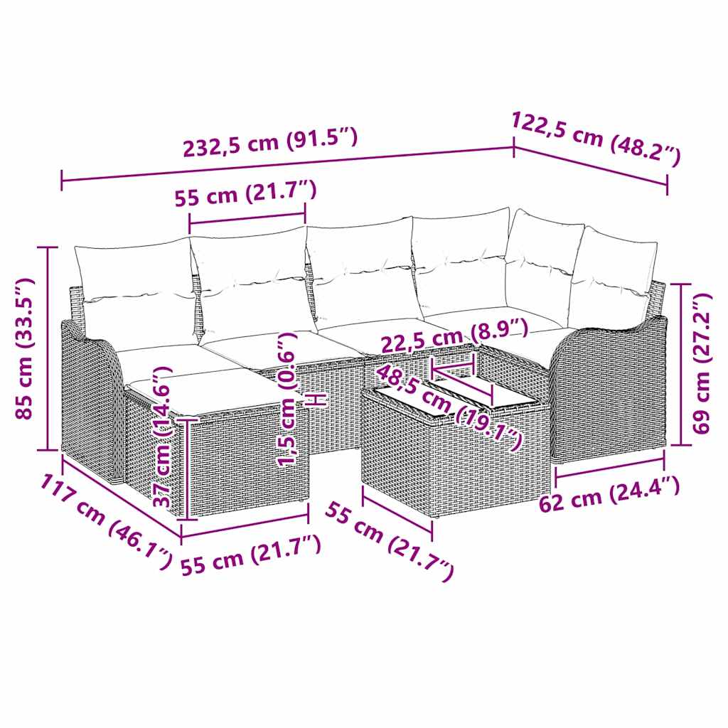 Garten-Sofa-Set mit Kissen 7 pcs Grau Poly Rattan