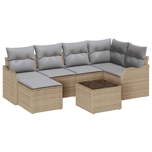 Garten-Sofa-Set mit Kissen 7 pcs Beige Poly Rattan