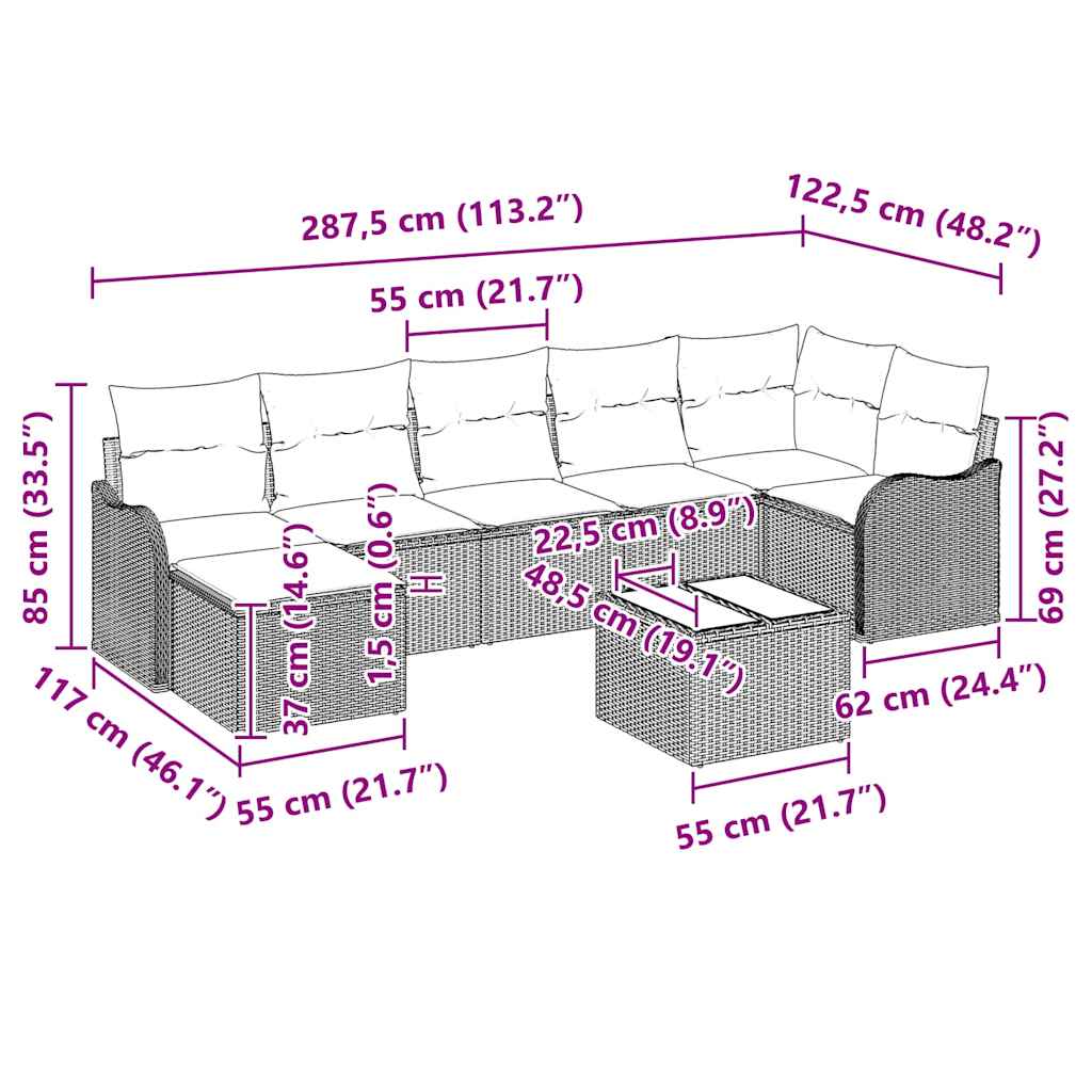 Garten-Sofa-Set mit Kissen 8 pcs Schwarz Poly Rattan