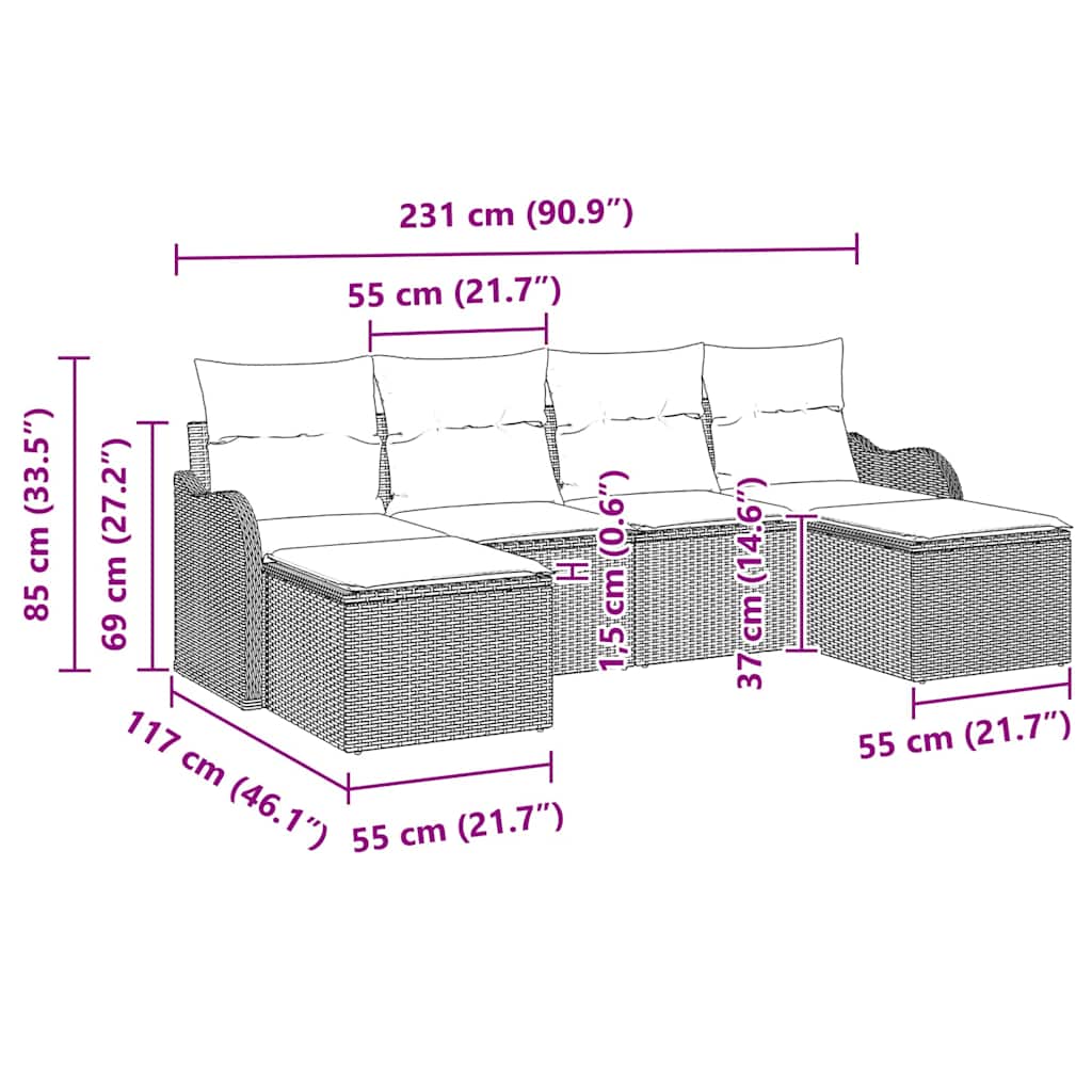 Garten-Sofa-Set mit Kissen 6 pcs Hellgrau Poly Rattan