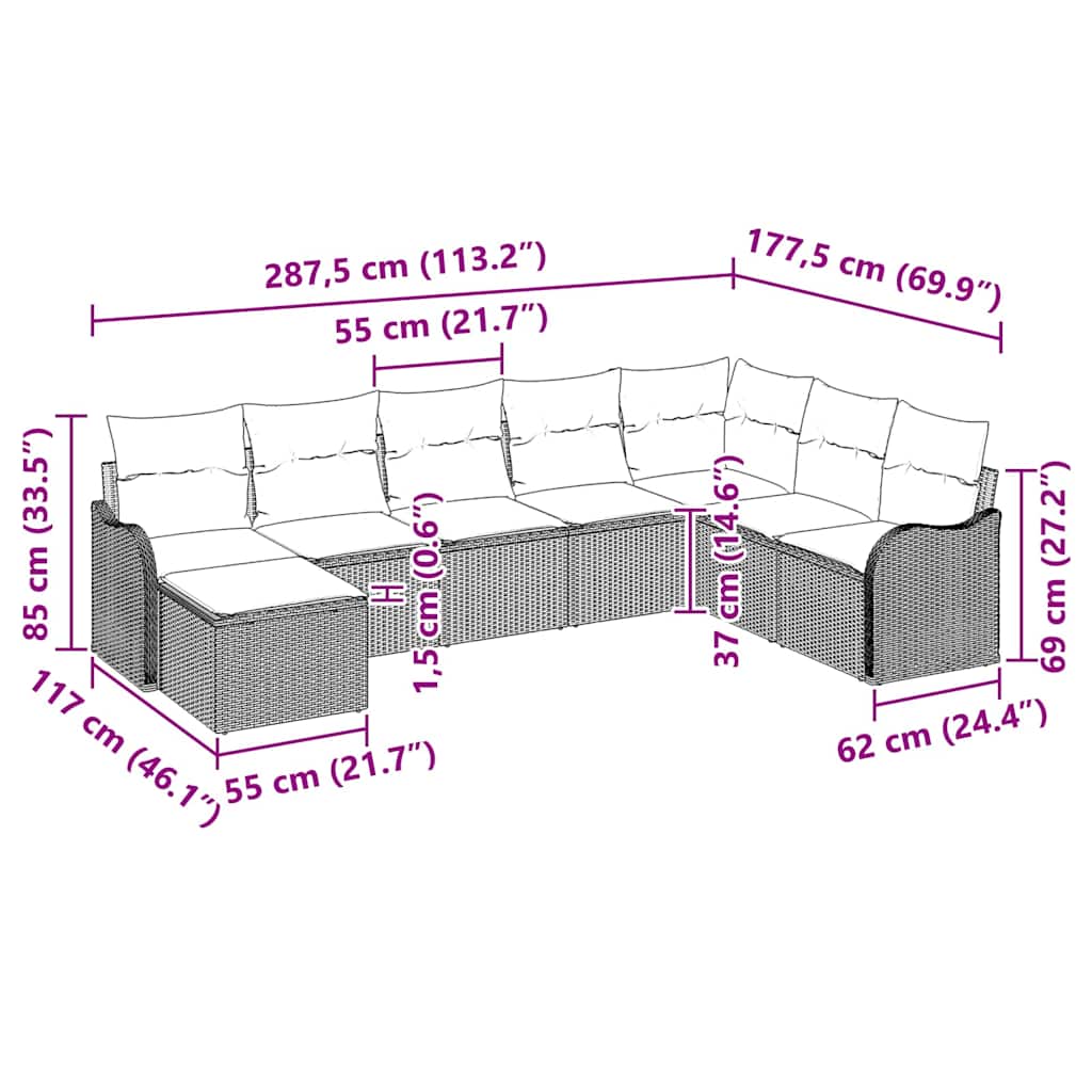 Garten-Sofa-Set mit Kissen 9 pcs Grau Poly Rattan