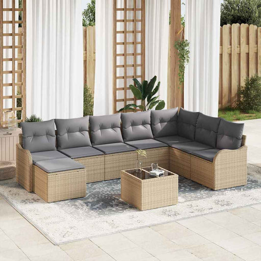 Garten-Sofa-Set mit Kissen 9 pcs Beige Poly Rattan
