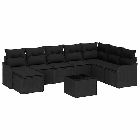 Garten-Sofa-Set mit Kissen 9 pcs Schwarz Poly Rattan