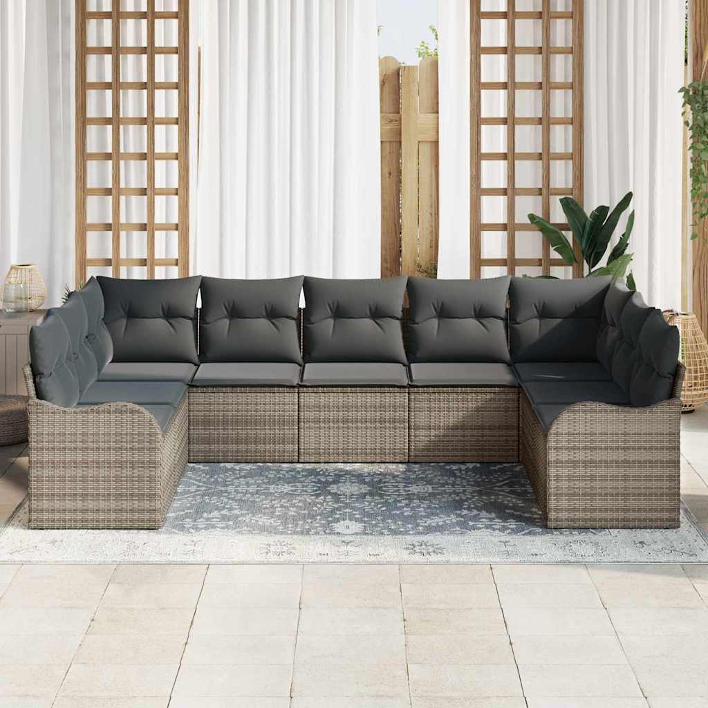 Garten-Sofa-Set mit Kissen 9 pcs Grau Poly Rattan