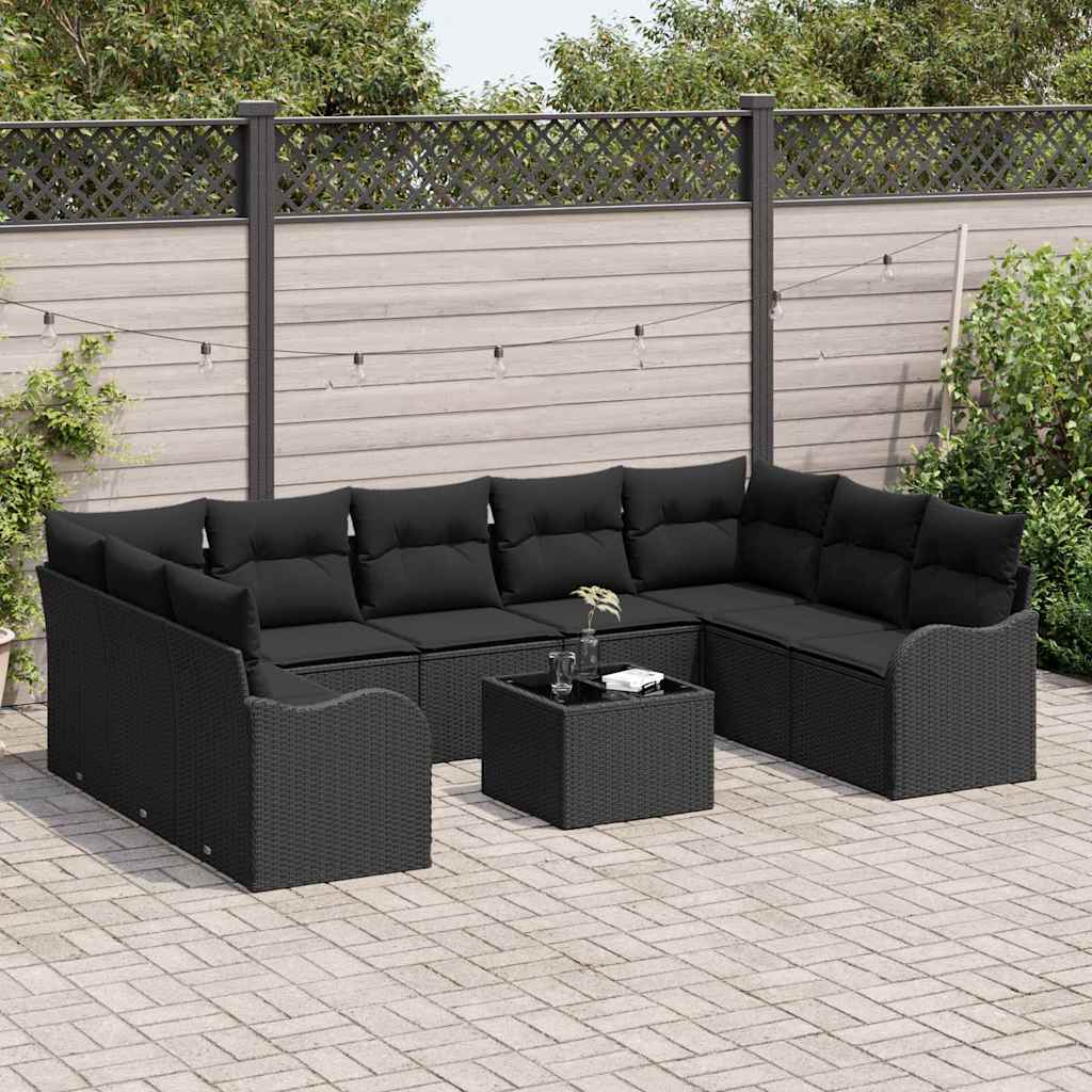 Garten-Sofa-Set mit Kissen 10 pcs Schwarz Poly Rattan