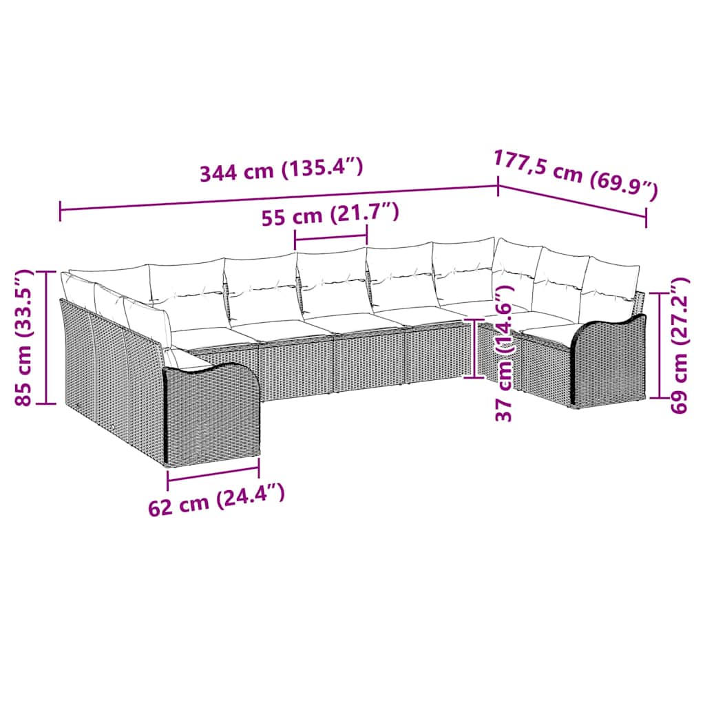 Garten-Sofa-Set mit Kissen 10 pcs Grau Poly Rattan