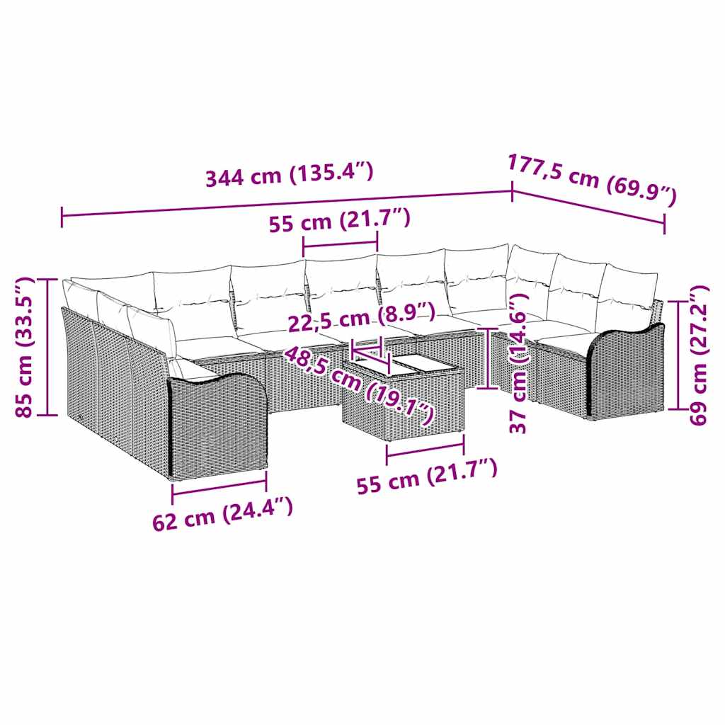 Garten-Sofa-Set mit Kissen 11 pcs Braun Poly Rattan