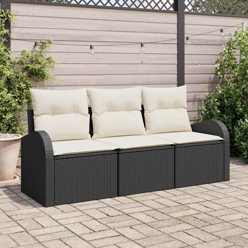 Garten-Sofa-Set mit Kissen 3 pcs Schwarz Poly Rattan