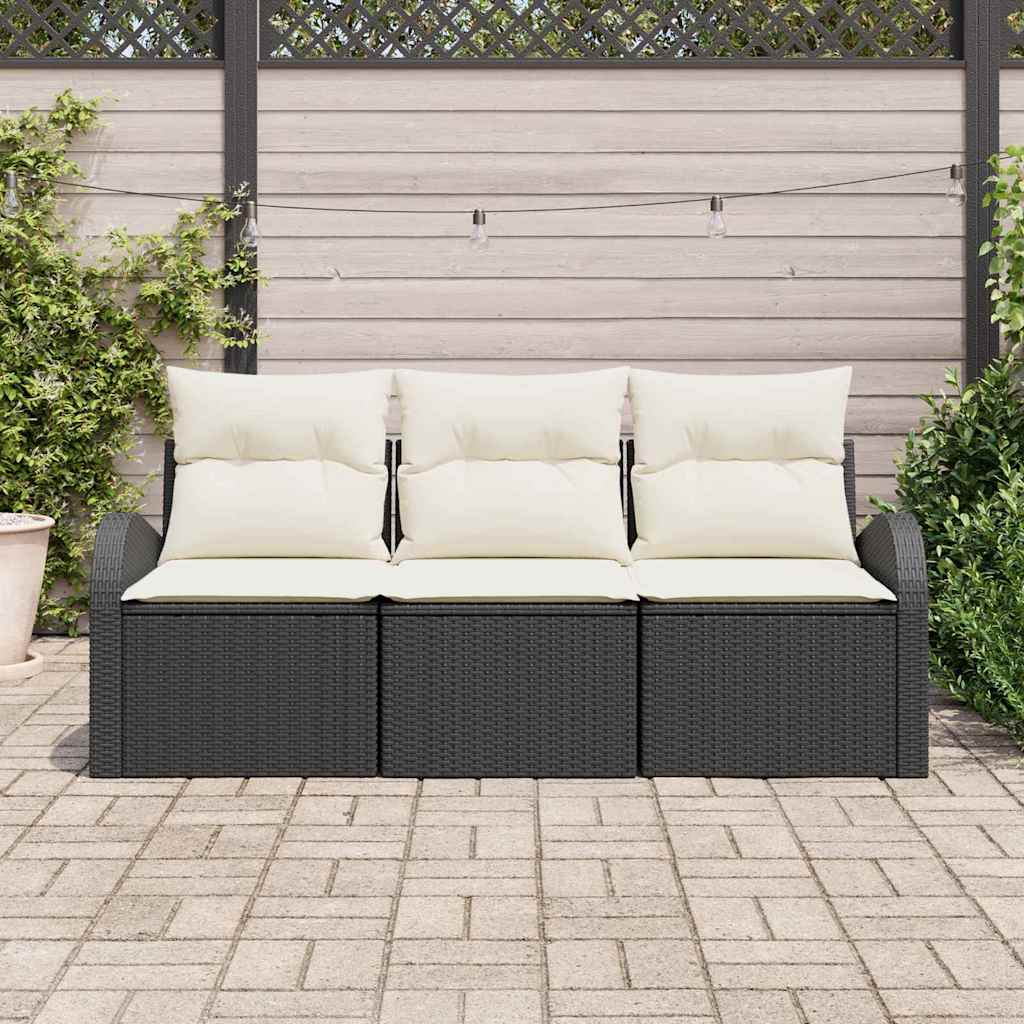Garten-Sofa-Set mit Kissen 3 pcs Schwarz Poly Rattan