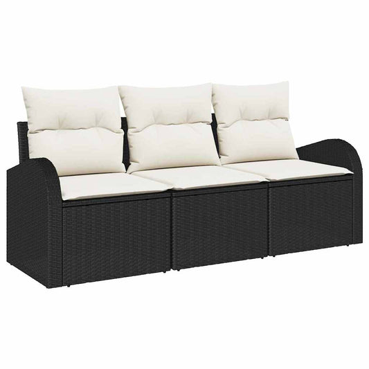 Garten-Sofa-Set mit Kissen 3 pcs Schwarz Poly Rattan