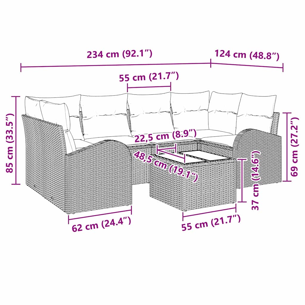 Garten-Sofa-Set 7 pcs Schwarz 55 x 55 x 37 cm Poly Rattan