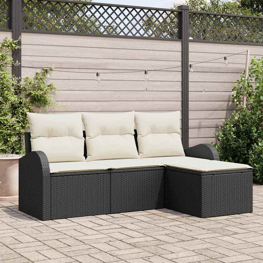 Garten-Sofa-Set mit Kissen 4 pcs Schwarz Poly Rattan