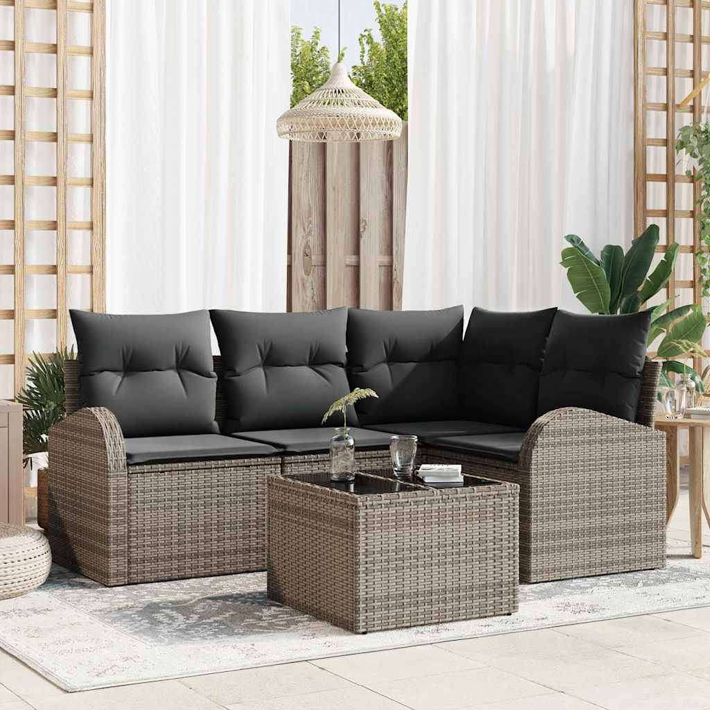 Garten-Sofa-Set mit Kissen 5 pcs Grau Poly Rattan