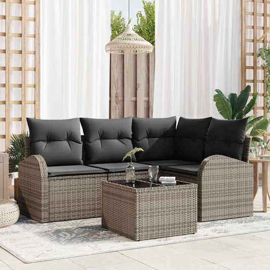 Garten-Sofa-Set mit Kissen 5 pcs Grau Poly Rattan