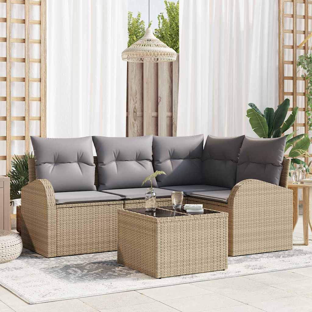 Garten-Sofa-Set mit Kissen 5 pcs Beige Poly Rattan
