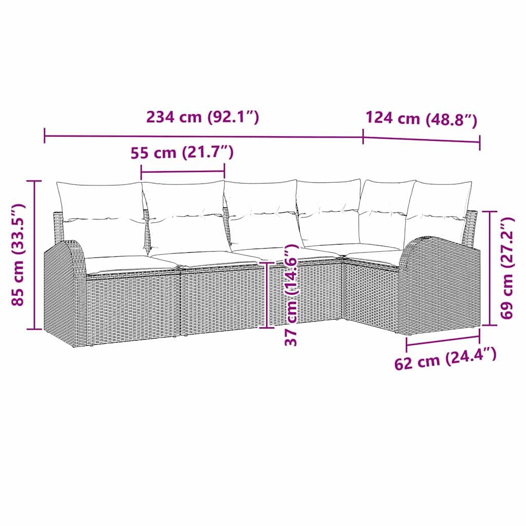 Garten-Sofa-Set mit Kissen 5 pcs Braun Poly Rattan