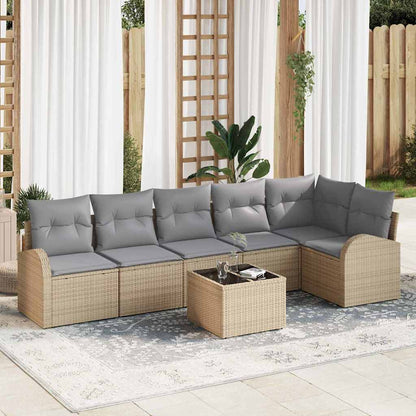 Garten-Sofa-Set mit Kissen 7 pcs Beige Poly Rattan