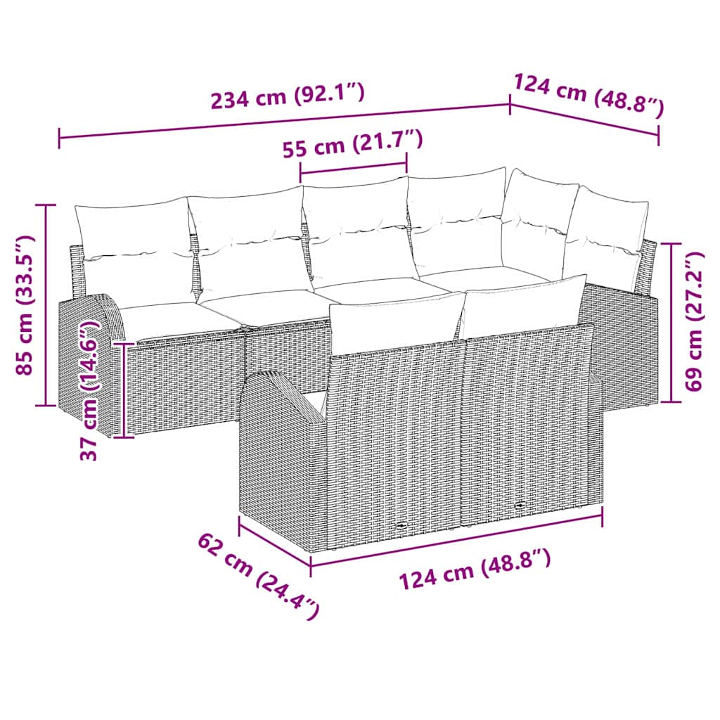 Garten-Sofa-Set mit Kissen 7 pcs Braun Poly Rattan
