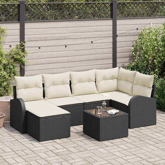 Garten-Sofa-Set mit Kissen 7 pcs Schwarz Poly Rattan