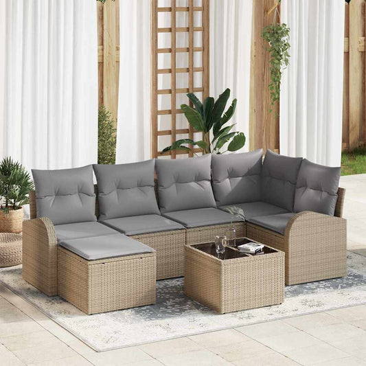 Garten-Sofa-Set mit Kissen 7 pcs Beige Poly Rattan