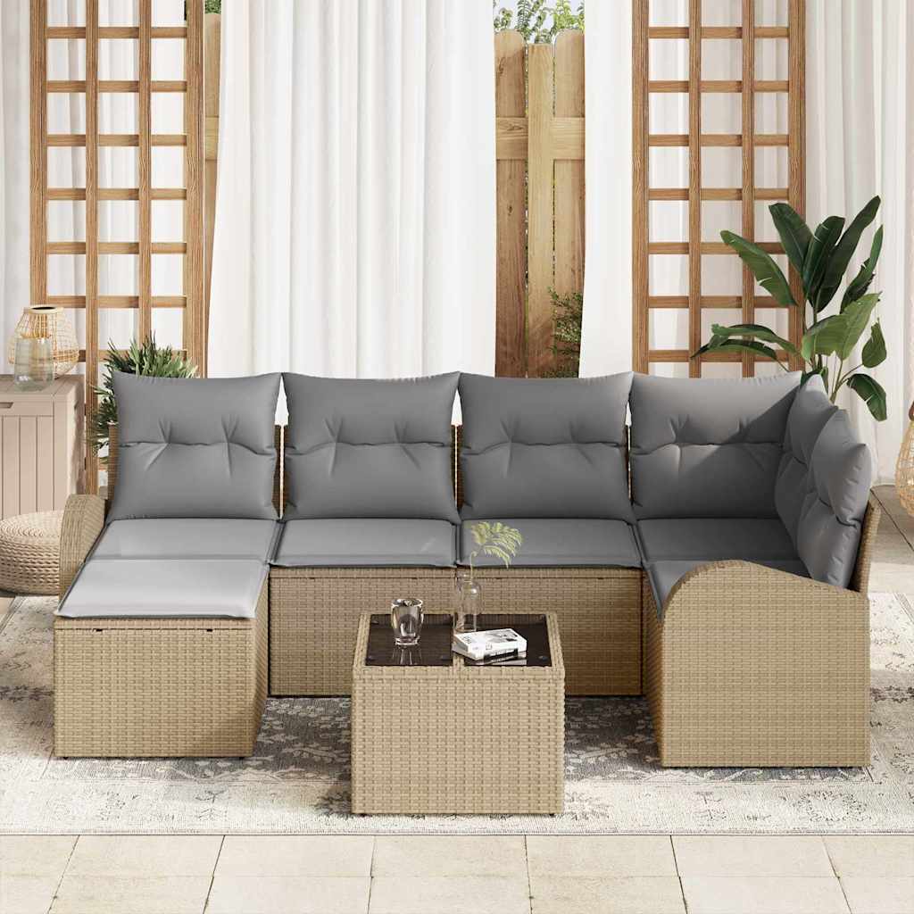 Garten-Sofa-Set mit Kissen 7 pcs Beige Poly Rattan