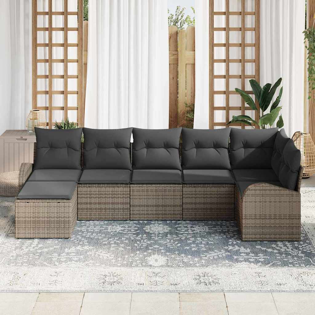 Garten-Sofa-Set mit Kissen 7 pcs Grau Poly Rattan