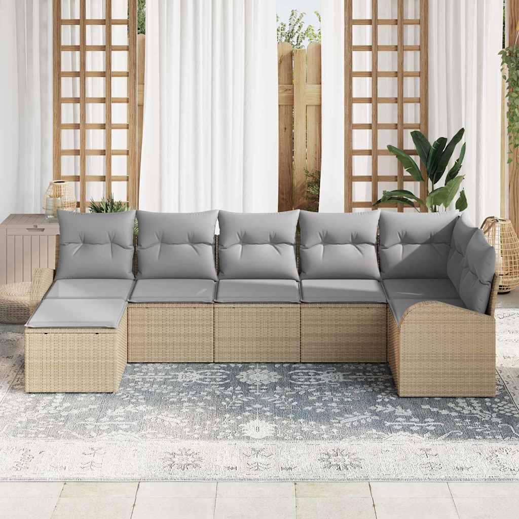 Garten-Sofa-Set mit Kissen 7 pcs Beige Poly Rattan